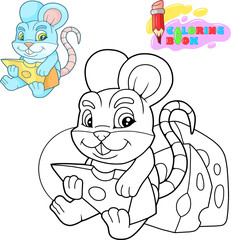 cartoon little cute mouse, coloring book, funny illustration