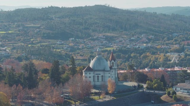 Aerial 4k wide shot of the sanctuary of Sameiro and its city surroundings, in Penafiel, Portugal.