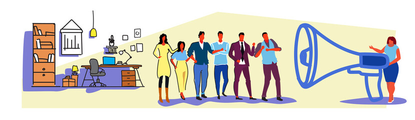Fototapeta premium businesswoman boss holding megaphone loudspeaker screaming at employee team leader information announcement moodern workplace office interior sketch horizontal