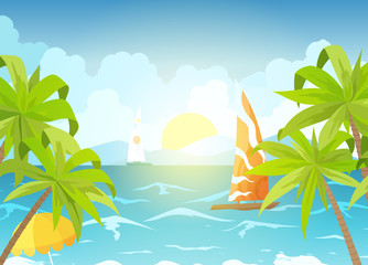 Fototapeta na wymiar Sea beach and sun loungers. Seascape, vacation banner with sailing ships, palms and clouds. Cartoon vector illustration - Vector.