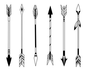 Hand drawn feather arrow, tribal feathers on pointer and decorative boho bow, feather indian arrowhead. Native aztec or hipster tattoo sketch isolated vector symbols set.