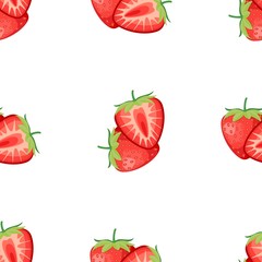 Berries fruit strawberry with leaves seamless pattern for textile prints, cards, design. Vector illustration in flat style