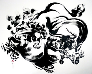 Horse & bull brush stroke Painting