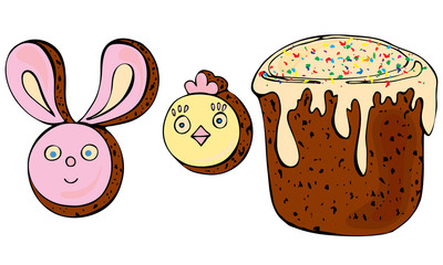 image of Easter cake and gingerbread in the form of rabbit and chicken