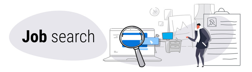 male job applicant leaning on resume using online computer application job search concept hiring website laptop screen sketch doodle horizontal banner