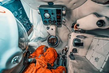 Zelfklevend Fotobehang .23/03/2019 Zhytomyr, Ukraine, installation of a cabin of the Soviet astronaut in the space museum © Alexeiy