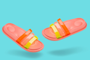 concept, pink summer rubber slippers for a shower or for the beach, levitate, a pair on a turquoise background