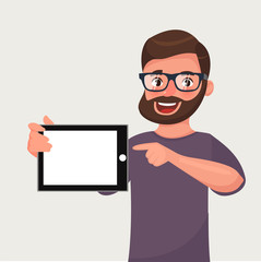 Man in glasses with beard is showing the tablet PC. People and gadgets. Vector illustration in cartoon style
