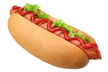 Hot dog grill with lettuce isolated on white background. fast food.