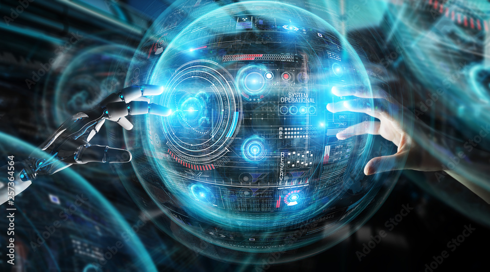 Fototapete robot hand and human hand touching digital sphere graph interface 3d rendering