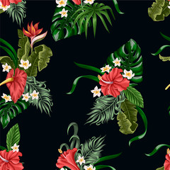 Seamless pattern with Tropical flowers and leaves such as banana, palm, monstera leaf and narcissus, hibiscus, plumeria.