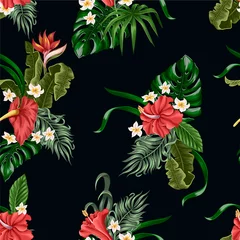 Tuinposter Seamless pattern with Tropical flowers and leaves such as banana, palm, monstera leaf and narcissus, hibiscus, plumeria. © Yumeee
