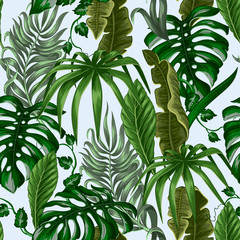 Seamless pattern with tropical banana, palm and monstera leaves for fabric design.