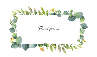 Watercolor vector wreath with green eucalyptus leaves and flowers . © ElenaMedvedeva