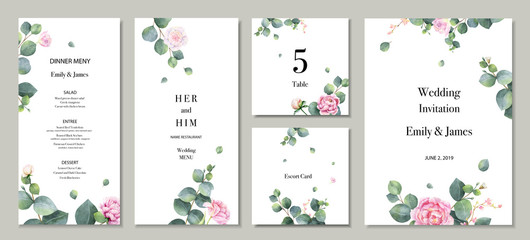 Watercolor vector set wedding invitation card template design with green eucalyptus leaves and flowers. © ElenaMedvedeva