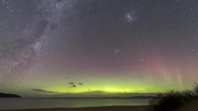 Time lapse of the Aurora Australis or Southern Lights over a beach in Tasmania.