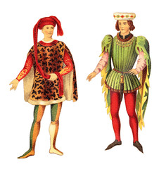 Italian and French nobleman (Late Middle Ages) / vintage illustration from Meyers Konversations-Lexikon 1897