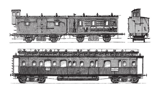 Train wagons - Hospital (above) and Passengers (under) / vintage illustration from Brockhaus Konversations-Lexikon 1908