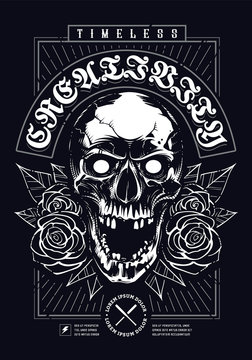 Skull with Roses Grunge Print Design