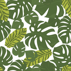 Monstera tropical forest leaves background. Green seamless pattern