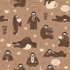 Sloths drink coffee seamless pattern. Funny cartoon animals in different postures set.
