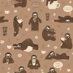 Zelfklevend Fotobehang Koffie Luiaards drinken koffie naadloos patroon. Grappige tekenfilm dieren in verschillende houdingen set.