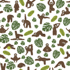 Obraz premium Sloth yoga seamless pattern. Funny cartoon animals in different postures set.