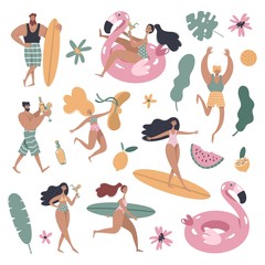 People on the beach. Cartoon characters isolated on white background. Vector illustration.
