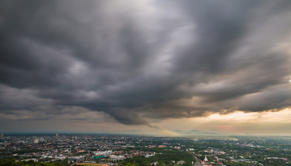 Big storm in the sky over city.