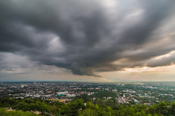 Big storm in the sky over city.