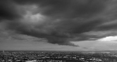 Big storm in the sky over city.