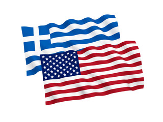 National fabric flags of Greece and America isolated on white background. 3d rendering illustration. 1 to 2 proportion.