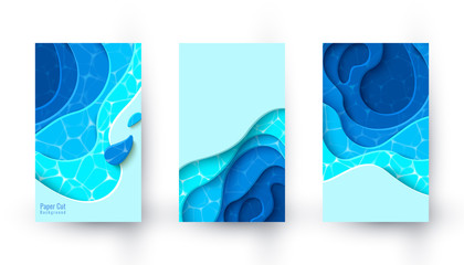 Vector vertical banners with blue paper cut layout background