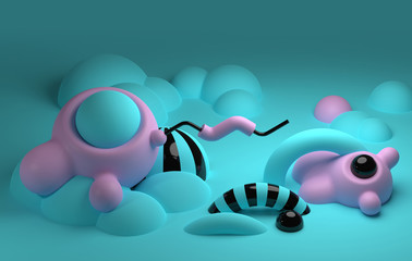 Memphis style wallpaper or background design with copy space. Pink and turquoise abstract shapes. 3D render / rendering.