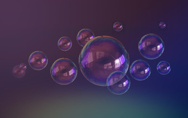 Colorful soapbubbles on a purple background. 3D render /rendering.