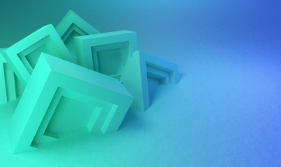 Abstract background, teal blocks in a chaotic pile, 3d render / rendering.