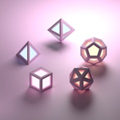 Set of 5 geometric platonic solids emitting light. 3D render or rendering with soft colors.