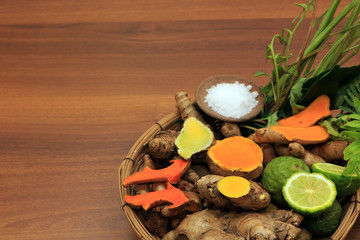 Thai natural herbs ingredients for hot compress therapy massage and natural spa. Herb for override the salt pot, Thai traditional alternative medicine.