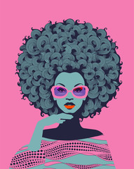 Portrait d& 39 art de femme afro-américaine avec des lunettes de soleil roses. Style rétro moderne du milieu du siècle. vecteur Eps10