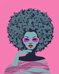 Door stickers Hotel Afro American woman art portrait with pink sunglasses. Mid century modern retro style. Eps10 vector