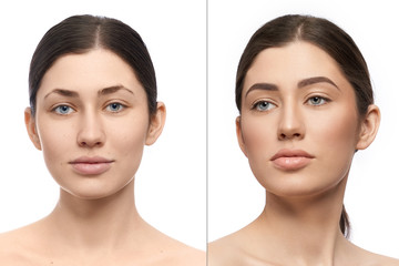 Collage of two portraits of model with on pure background.