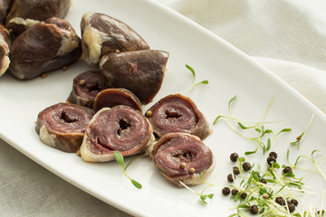 raw chicken or turkey hearts ingredients for cooking, liver meat