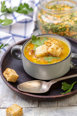 Thick soup of split peas with croutons.