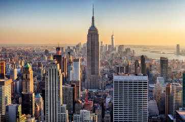 Zonsondergang in Manhattan, New York, VS