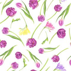 Seamless pattern with tulips, freesia and hyacinths, watercolor painting. For design cards, pattern and textile.