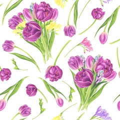 Seamless pattern with tulips, freesia and hyacinths, watercolor painting. For design cards, pattern and textile.