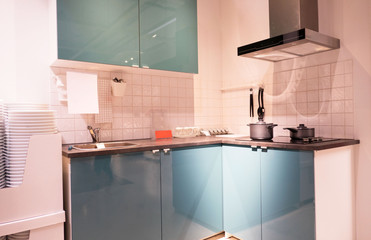 Fototapeta na wymiar Gourmet new kitchen features . Modern kitchen interior .