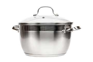 Steel pan with a glass lid on white background.