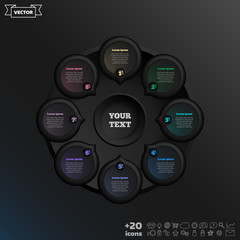 Vector infographic design with colorful circle on the black background. Business concept. 8 options, parts, steps. Can be used for graph, diagram, chart, workflow layout, number options, web