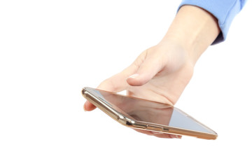 Mobile phone in female hand  on white background.